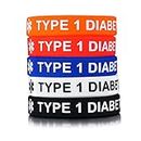FLHEART 5 Pack Assorted Colors Silicone Rubber TYPE 1 DIABETES Medical Alert ID Wristband Emergency Bracelets For Teens Outdoor Sports,6.7 Inches,Waterproof