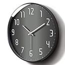 Modern Black&Grey Large Decorative Office Analog Small Wall Clock for Bedroom Kitchen Living Room Home Cool Unique Decor Silent Battery Round Metal Reloj De Pared (Grey, 12inch)