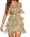 RED DOT BOUTIQUE 861 - Women Sequin Fringe Tassel Evening Party Prom Cocktail Homecoming Concert Dress, A-gold, XX-Small