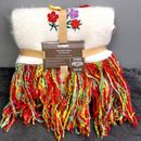 Pier 1 Imports Throw Blanket Embroidered Fringe Floral Embellished White Red NWT