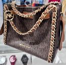 MICHAEL KORS MINA SMALL BELTED CHAIN SHOULDER CROSSBODY BAG MK BROWN Clearance !