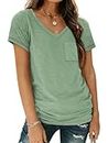 T Shirts Short Sleeve V Neck Basic Tees Plus Size Fashion Tops Loose Fit Soft Comfy Casual Summer Outfits Clothes 2024 with Pockets LightGreen
