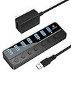 Qeefun Powered USB 3.0 Hub, 7-Ports USB Date Hub, 12V/2A 24W Power Adapter USB Extension Splitter and Individual LED Power Switches Supports MacBook, PC, HDD, SSD, Flash Drive, Mobile and More