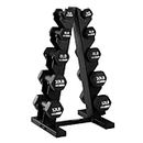HolaHatha 3, 5, 8, 10, and 12 Pound Neoprene Coated Grip Hexagon Dumbbell Weight Set for Various Strength Training Workouts with Weight Stand, Black