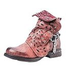 LALA IKAI Women Motorcycle Boots Combat Ankle Combat Boots with Studded Low Block Heels Biker Shoes