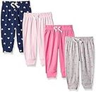 Amazon Essentials Baby Girls' Cotton Pull-On Trousers, Pack of 4, Grey Hearts/Light Pink/Navy/Pink, 6-9 Months
