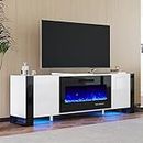 AMERLIFE Fireplace TV Stand with 36" Fireplace, 70" Modern High Gloss Entertainment Center LED Lights, U-Shaped Legs TV Console Cabinet for TVs Up to 80", White