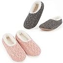 Cozylook 2-Pair Women's Soft Sole Slipper Socks with Grippers, Thick Warm Cozy Sherpa Lined Home Socks Set, Cable Knitted Non-slip Fluffy Winter House Bedroom Slippers, 2-pk Cable Knit (Pink & Grey), 7-8