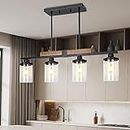 Dining Room Light Fixture Over Table, Farmhouse 4-Light Kitchen Island Lighting, Modern Wood Chandelier with Adjustable Height, Large Industrial Black Pendant Lights Ceiling Hanging for Living Room