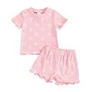 Geagodelia Toddler Baby Girl Summer Round Neck Short Sleeve T-Shirt Flower Print Elastic Pullover Tee Sweatshirt Outfit Clothes Set (Pink, 12-18 Months)