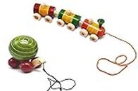 Channapatna Toys Pull Along Toys Wooden Train & Turtle for 1 Year + Kids, Toddlers, Infant & Preschool Toys - Set of 2 pcs- Multicolor - with Attached String- Encourage Walking