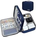 FORKLS Electronics Travel Organizer, Watreproof Electronic Accessories Case Portable Double Layer Cable Storage Bag for Cord, Charger, Flash Drive, Phone, Ipad Mini, SD Card-Navy Blue