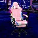 Advwin Gaming Chair with Massagers and LED Lights, Executive Office Chair with 135° Recline, Racing Computer Chair with Footrest, Lumbar Support, Adjustable Height and High Back (Pink & White)