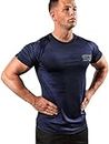 Satire Gym - Camiseta de fitness para hombre – Ropa deportiva funcional – Adecuado para entrenamiento – Corte ajustado, azul marino, M