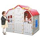 Costzon Roomy Kids Playhouse, Realistic Cottage Playset w/Open-able Windows, Working Doors, Red Roof & Cute Animal Patterns, Indoor Outdoor Playhouse for Kids Aged 3+ Years Old (Large)