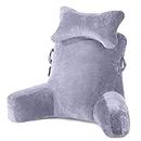Reading Pillow-Bed Rest Pillow with Detachable Neck Roll & Higher Support Arm for Sitting in Bed Couch or Floor-Backrest Reading Pillow Adult Back Pillow for Reading, Grey