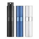 Lisapack 8ML Atomizer Perfume Spray Bottle for Travel (3 PCS) Empty Cologne Dispenser, Portable Sprayer for Men and Women (Black, Silver, Blue)