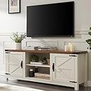 T4TREAM Farmhouse TV Stand for TVs Up to 75 inches, Wood Barn Door Media Television Console Table with Storage Cabinets, Easy Assembly Modern Entertainment Center for Living Room, Antique White