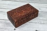Indian Wooden Box, Decorative Wooden Brass Box, Keepsake, Wooden Jewellery Box, Treasure Chest, Tea Box, Hand Crafted Wooden Decorative Trinket Jewellery Box Organiser (Tree of Life 8 X 5 Inche)