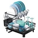 DMTXCRP Dish Drying Rack, Space Saving & Durable, Rust-Proof Large 2 Tier Stainless Steel Dish Racks for Kitchen Counter with Cutlery & Cup Holder & Drainboard -Grey