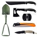 KNINE OUTDOORS Survival Shovel with Axe Set, Fixed Blade Knife, Camping Knife with Rope Handle, Folding Saw, Knife Sheathes, Hunting Knife Set of 9