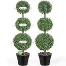 Hotop 2 Pcs Artificial Boxwood Topiary Plants Faux Double Ball Shaped Artificial Trees for Outdoors Indoor Lifelike Fake Plant Greenery Arrangements with Black Pots Home Office Decor Desk Gift (32.7""), Hotop-VEN-24110