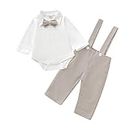 SOBOWO Baby Boy Gentleman Outfit Short Sleeve Romper Bowtie Suspenders Pants for Wedding Baptism, Infant Tuxedo Sets(0-3 Months, Gray Long Sleeve)