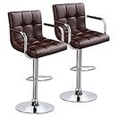 Yaheetech Tall Bar Stools Set of 2 Modern Square PU Leather Adjustable BarStools Counter Height Stools with Arms and Back Bar Chairs 360° Swivel Stool, Brown