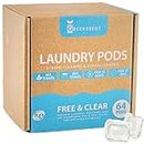 Free And Clear Hypoallergenic Eco Friendly Laundry Detergent Pods, 64 Pacs, Powerful Stain And Odor Removal, Skin Friendly, Biodegradable and Sustainable Laundry Pods, HE Compatible