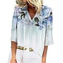 Set de lino para Mujer 3/4 Sleeve Sweater Womens Clothes Trendy Spring 2024 Womens Summer Tops deep v Neck Boho Floral Shirts for Women Casual Tunic Tops Blouses Log into My Account Blue-1 XL