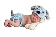 Newborn Baby Girl Boy Photo Props Outfits Crochet Knitted Blue Dog Hat Shorts with Bone Set for Boys Girls Photography Shoot (0-6 Months)