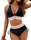 Blooming Jelly Womens High Waisted Bikini Tummy Control Swimsuits Two Piece Drawstring Bathing Suit (M, Black)