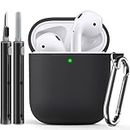 Ljusmicker Airpods Case Cover 2&1 with Cleaner Kit,Soft Silicone Protective Case Compatible with Apple AirPods 2nd/1st Generation Charging Case with Keychain,Shockproof AirPod Case for Women Men-Black