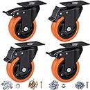 Casters, 4" Caster Wheels，Casters Set of 4 Heavy Duty - ASRINIEY Orange Polyurethane Castors, Top Plate Swivel Wheels, 4-Pack Industrial Casters with Brake, Locking Casters for Furniture and Workbench