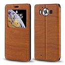 Microsoft Lumia 950 Case, Wood Grain Leather Case with Card Holder and Window, Magnetic Flip Cover for Microsoft Lumia 950