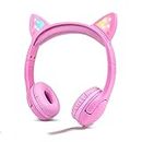 Olyre Cuffie per ragazze con luci a LED orecchie di gatto 85db Protezione dell'udito Cuffie per bambini jack da 3,5 mm sopra l'orecchio - rosa