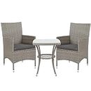 Outsunny Outdoor Rattan Bistro Set with Cushions, 3 Piece Garden Furniture Set, Patio Balcony Table and Chairs Set with Glass Top Coffee Table, Grey