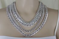 Women Silver Metal Chunky Chain Thick Links Fashion Jewelry Necklace Set Hip Hop