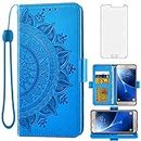 Asuwish Compatible with Samsung Galaxy J7 2016 Wallet Case Tempered Glass Screen Protector Card Holder Flip Purse Accessories Wrist Strap Stand Cell Phone Cover for Glaxay J 7 J710 Men Blue