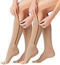 2 Pairs Compression Socks Toe Open Leg Support Stocking Knee High Socks with Zipper (Nude, S/M) …