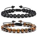 M MOOHAM Mens Bracelet Giftsfor Grandfather - 8mm Tiger Eye Black Matte Agate Mens Anxiety Bracelets, Stress Relief Yoga Beads Adjustable Bracelet Dad GITS Father's Gifts Grandpa Gifts for Men