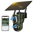 Cellular Trail Camera 4G LTE Wireless 1080P Pan Tilt Solar Powered Dual Len Hunting Game Camera, Color Night Vision, 360° Full View, Waterproof IP66 Motion Alert for Wildlife Monitoring