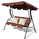 Costway 3-Seat Outdoor Patio Swing Chair, Garden Porch Swing with Adjustable Canopy and Rustproof Steel Frame, Swing Glider for Backyard, Balcony and Poolside(Coffee)