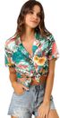 Allegra K Women's Hawaiian Shirt Floral Leaves Printed Short Sleeve Top Button D