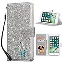 QLTYPRI Wallet Case for iPhone 7 Plus Case iPhone 8 Plus, Bling Shiny Glitter Flip Folio Case Protective Cover Card Slots Magnetic Closure Kickstand Wrist Strap- Sliver Butterfly