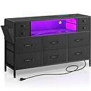 Rolanstar Dresser with Power Outlets and LED Lights, 10 Small Drawers Dresser with Side Pocket, Fabric Chest of Drawers with PU Finish, Dresser with Sturdy Frame, Wood Top for 55inch TV, Black