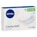 NIVEA Crème Soft Moisturising Bar Soap (2 x 100g), Gentle Cleansing Soap Bar with Almond Oil to Moisturise Skin, soap for body wash