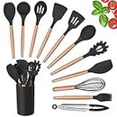 Kitchen Utensils Set, Herogo 12 Piece Silicone Utensil with Holder, Heat Resistant Cooking Utensils with Wooden Handle for Non Stick Cookware Pans, Silicone Kitchen Gadgets Tool Set (Black)