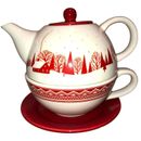 HARRY AND DAVID TEAPOT CUP AND SAUCER FOR 1 RED COUNTRY THEME 4 PC SET CERAMIC