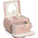 Vlando Kids Musical Jewelry Box for Girls with Drawer, Music Box with Ballerina and Stickers for Birthday Gifts Bedroom Decor, Pink